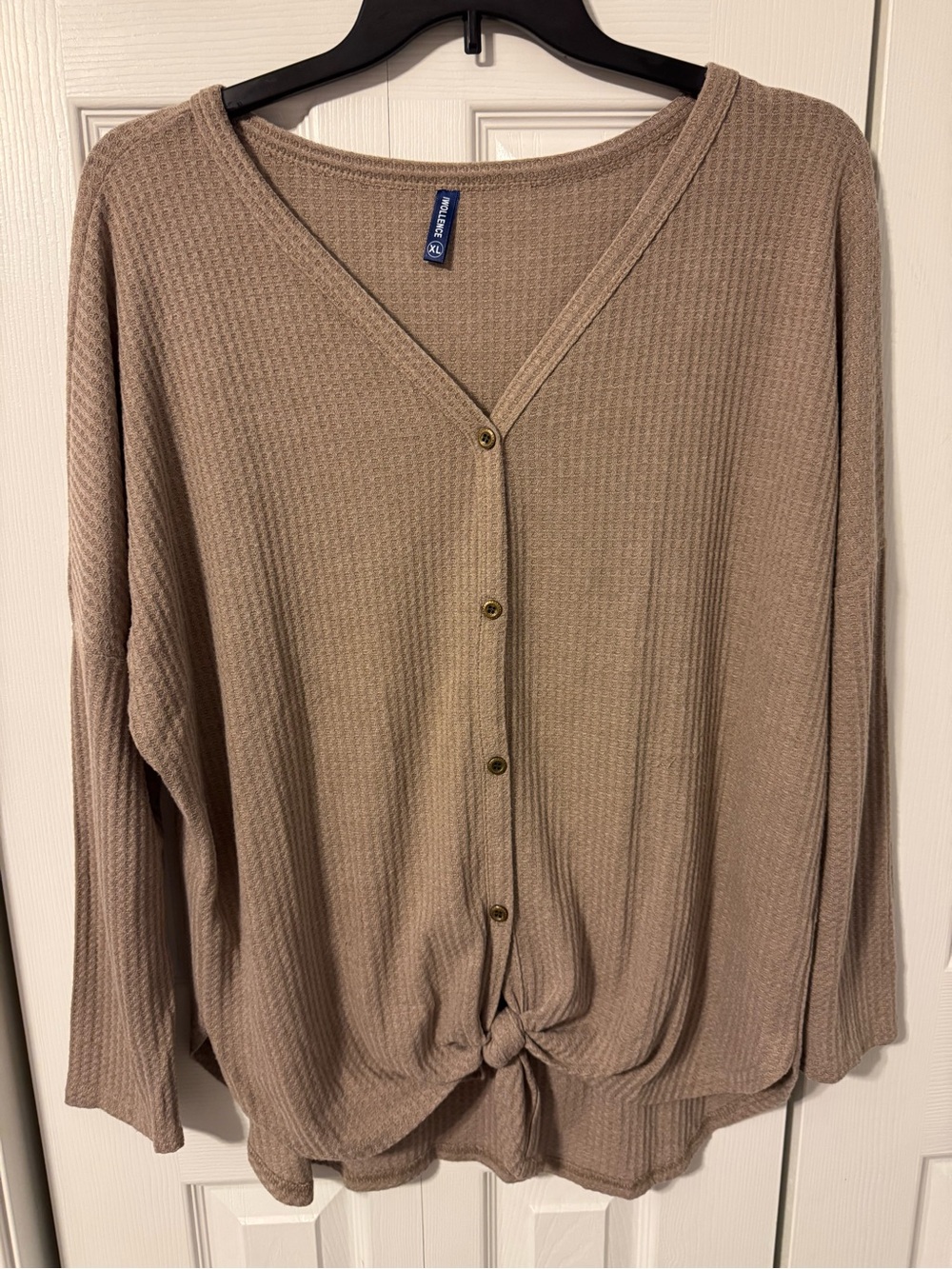 Relaxed Taupe Button-Front Knit Top with Front Knot